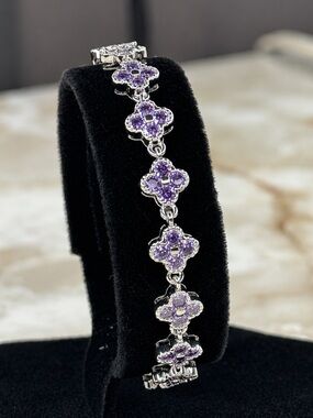 Purple Clover Tennis Bracelet | Stainless Steel | Cubic Zirconia | 7” | Gift Box